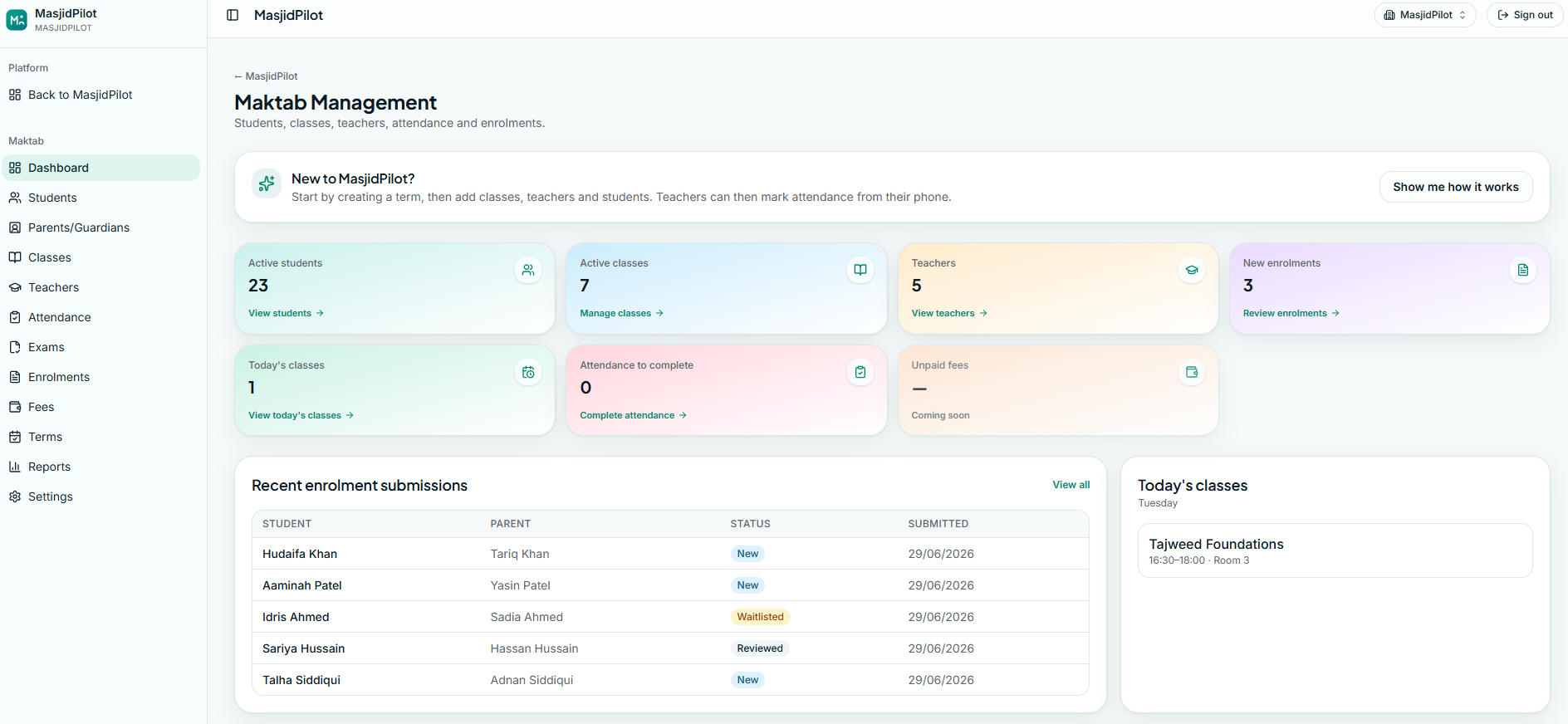 Maktab dashboard screenshot