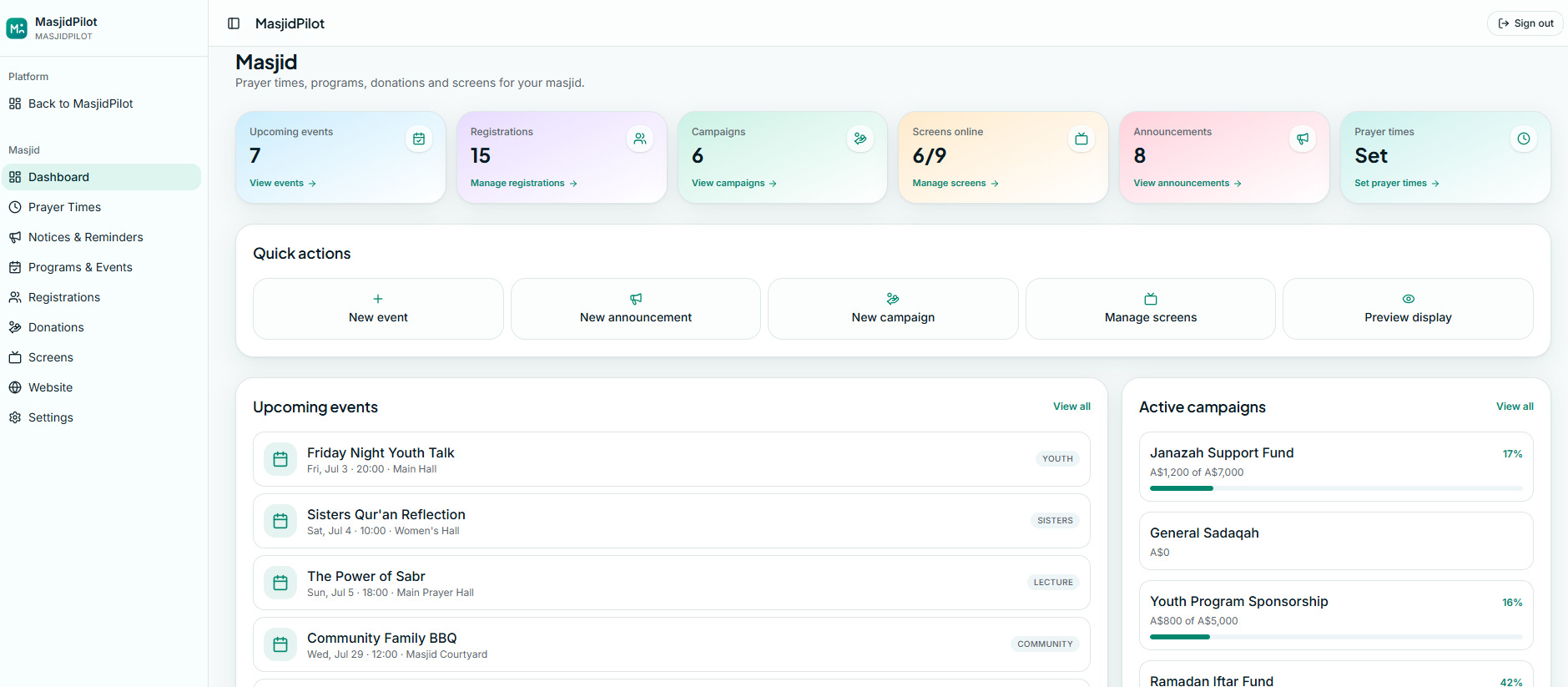 Masjid dashboard screenshot