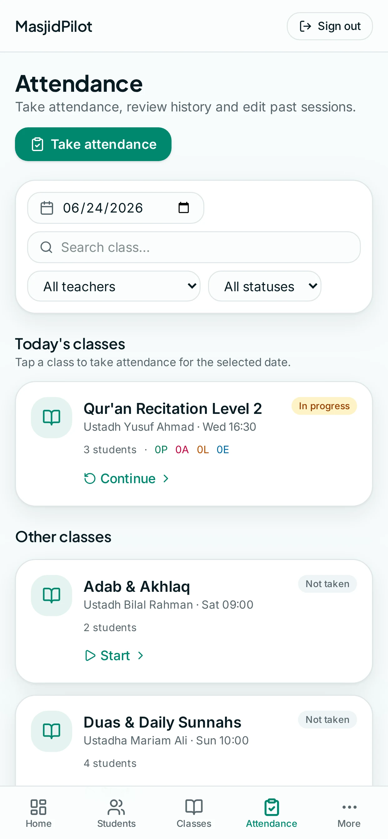 MasjidPilot attendance software interface