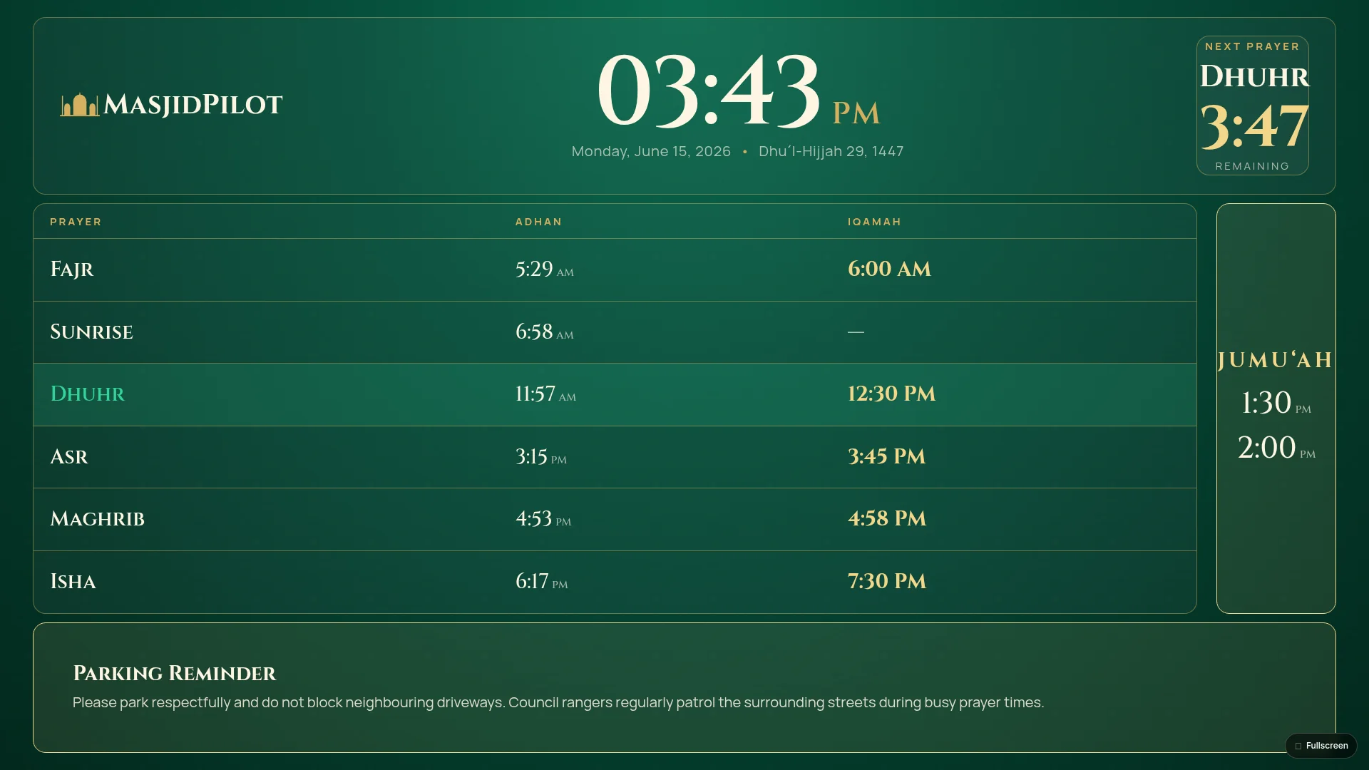 Live prayer times on public site
