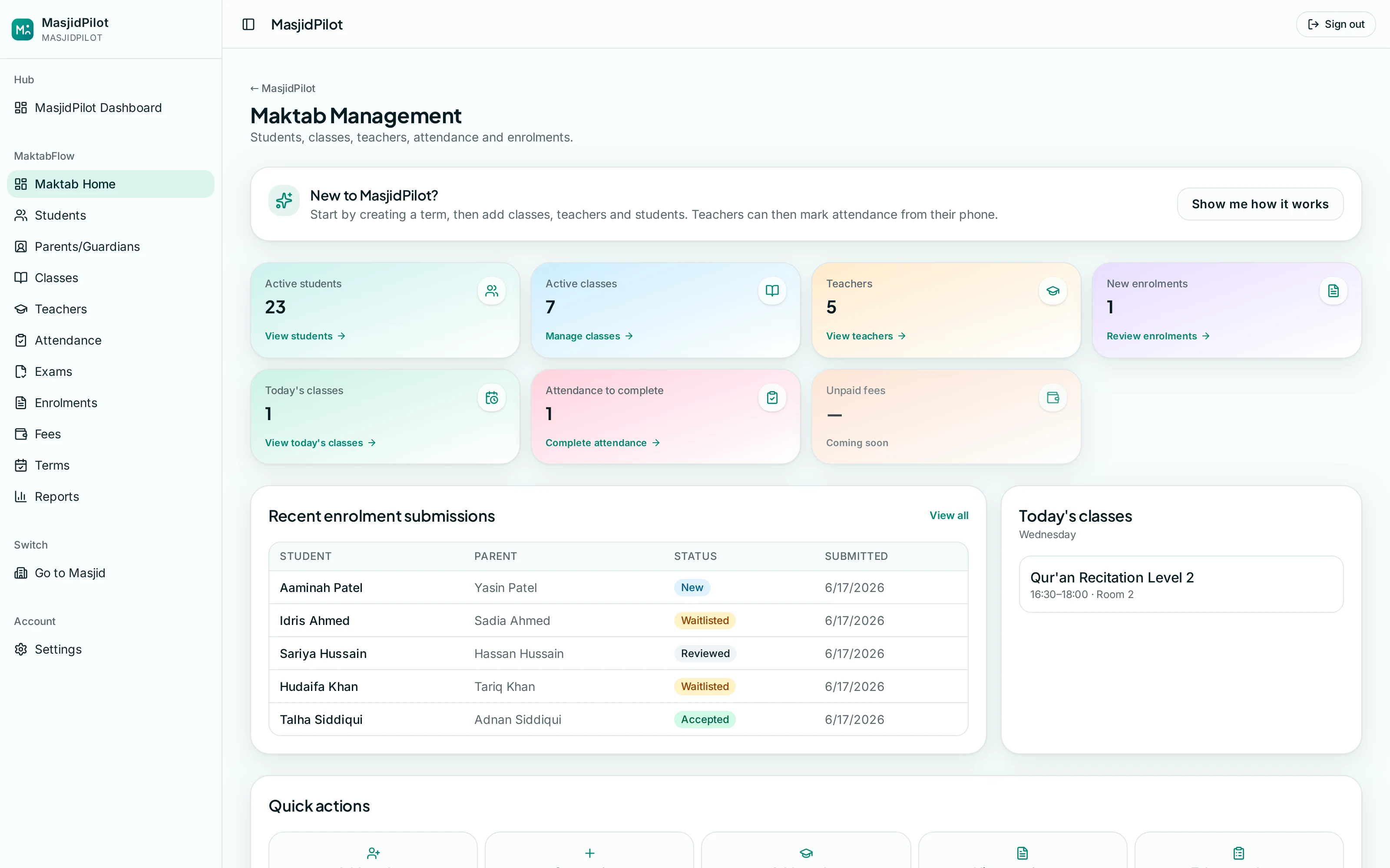 MasjidPilot Maktab administration dashboard